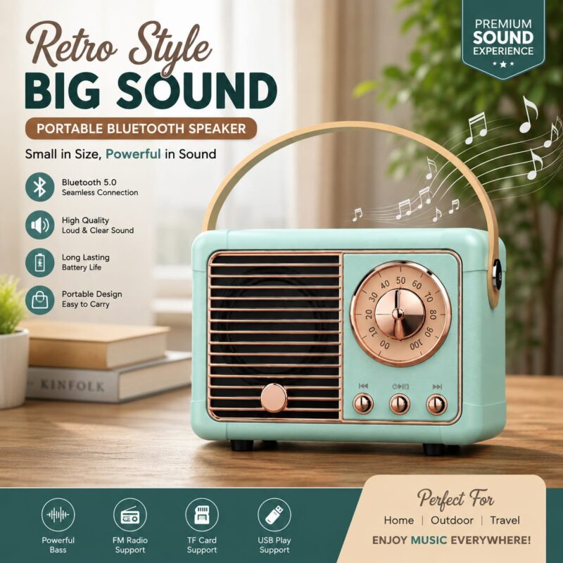Creative Retro Radio Bluetooth Speaker Classical Music Player Sound Stereo Smart Speaker Wireless Card Mini Portable Subwoofer (Mint Green)