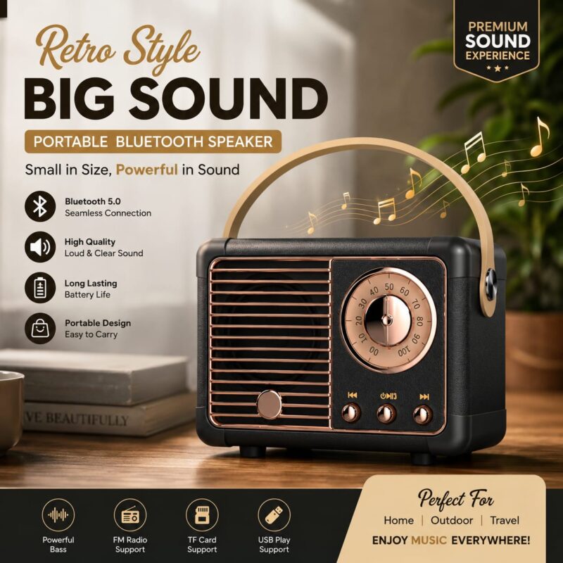 Creative Retro Radio Bluetooth Speaker Classical Music Player Sound Stereo Smart Speaker Wireless Card Mini Portable Subwoofer(Matte Black )