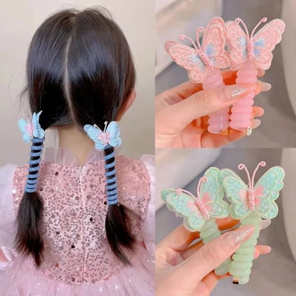 4 Pcs Butterfly Telephone Cord Hair Ties – Soft Spiral Elastic Ponytail Holders with Cute Embroidered Butterfly Design, No-Crease & Flexible Hair Accessories (3 Pcs)