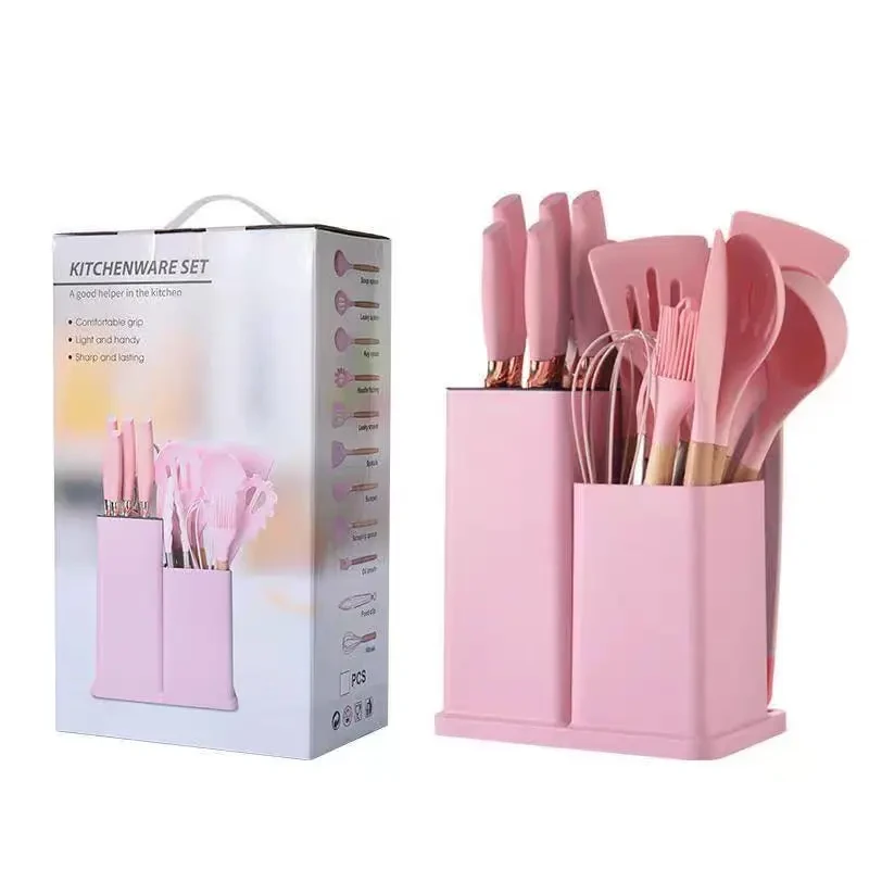 19-Piece Premium Silicone Kitchen Utensil & Knife Set with Modern Storage Organizer